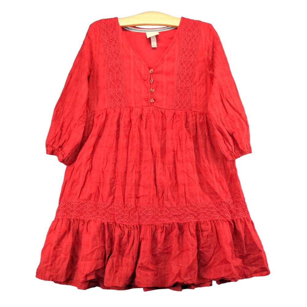 Knox Rose Dress Boho Eyelet Womens Small 3/4 Sleeve Red Ruffled Lined Polycotton